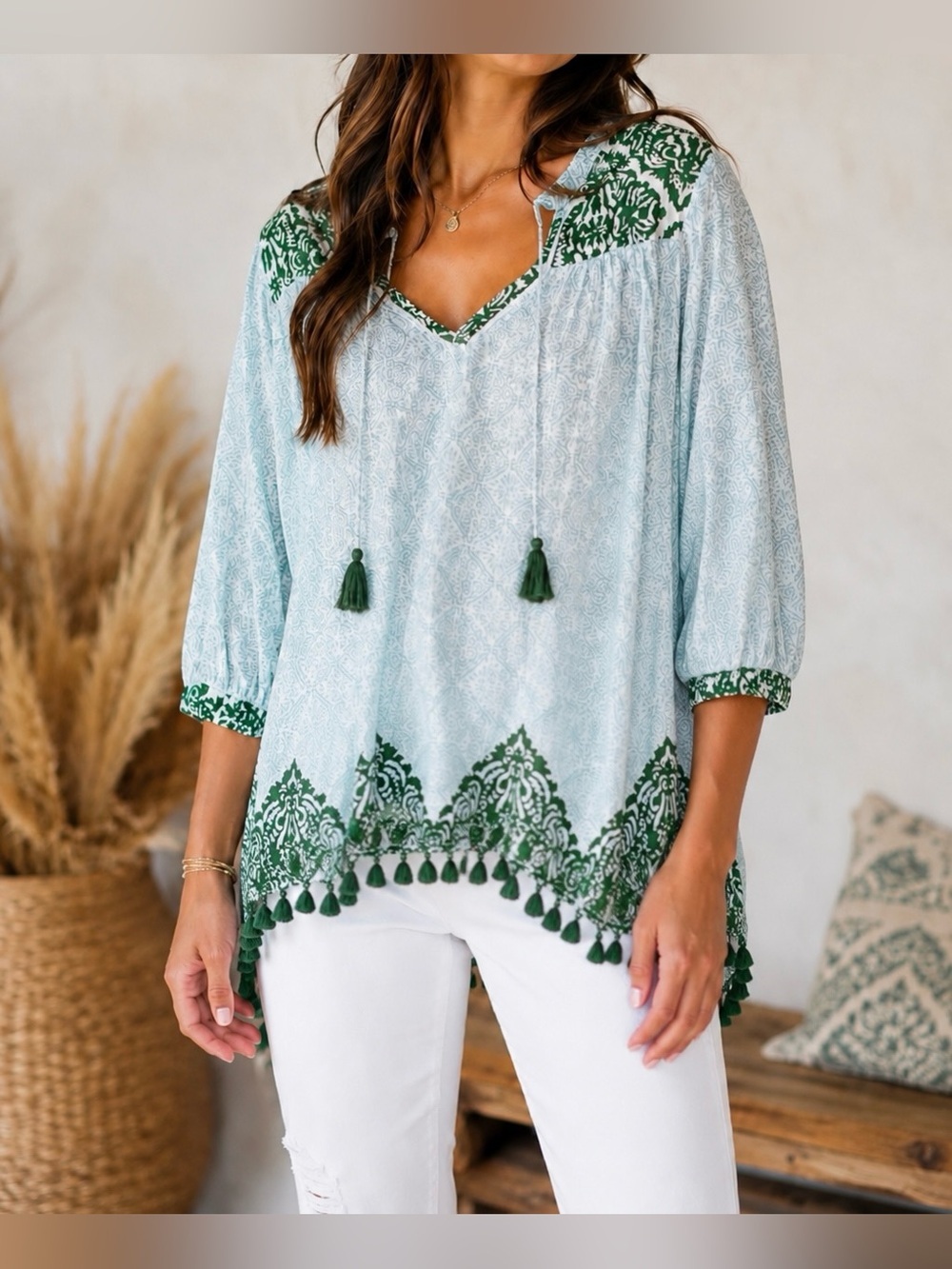 Roller Rabbit Light Blue & Green Patterned Tassel Border Cotton Blouse - Size XS